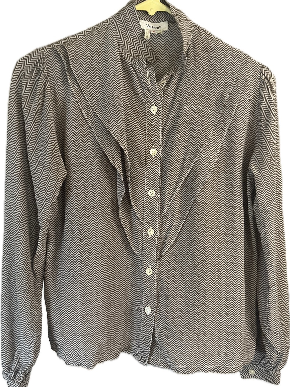 Vintage 80’s Classic Silk Brown/cream Silk Ruffled Button-Down Shirt